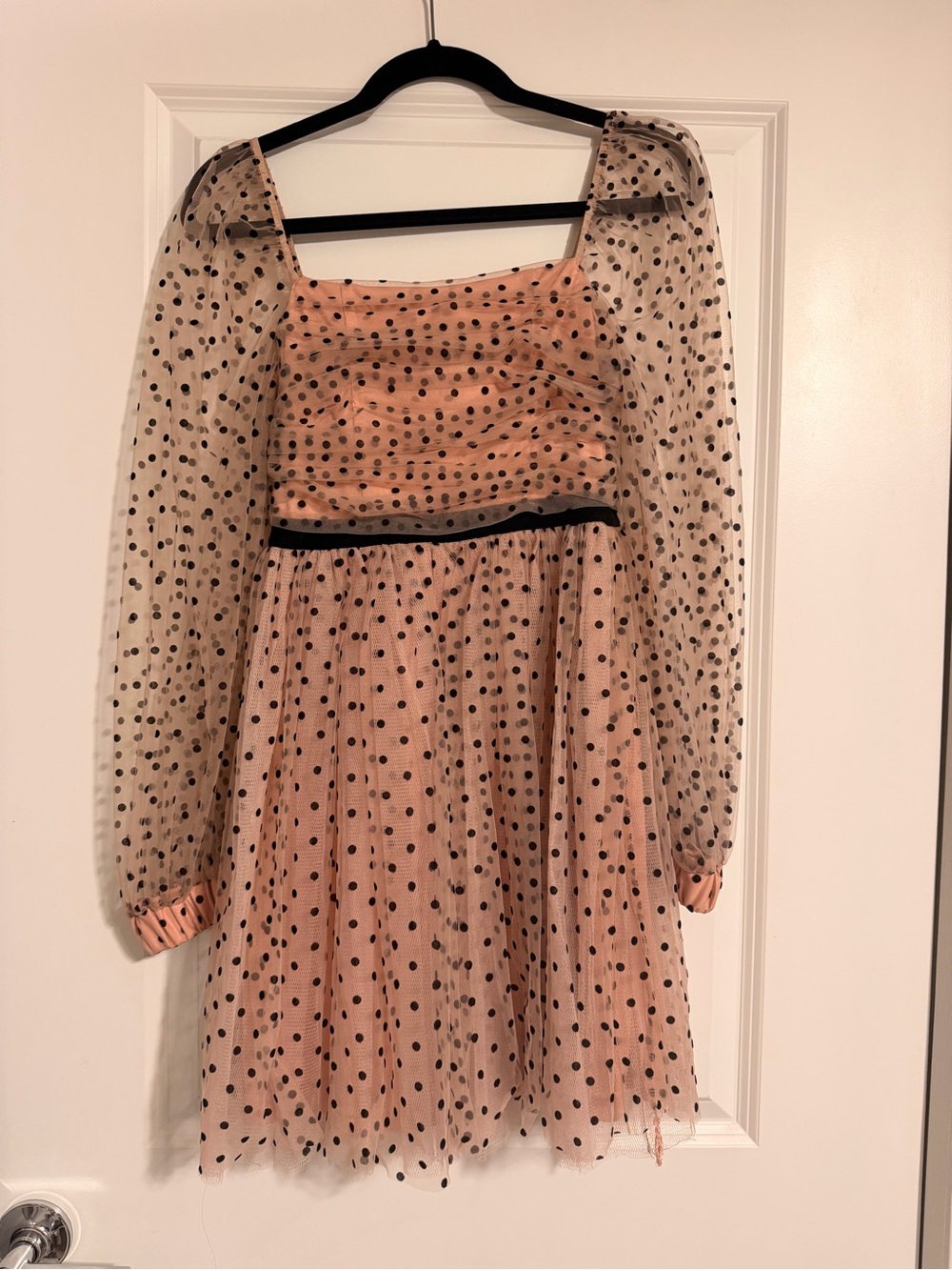 Rare London Pink Polka Dot Tulle Dress with Black Trim